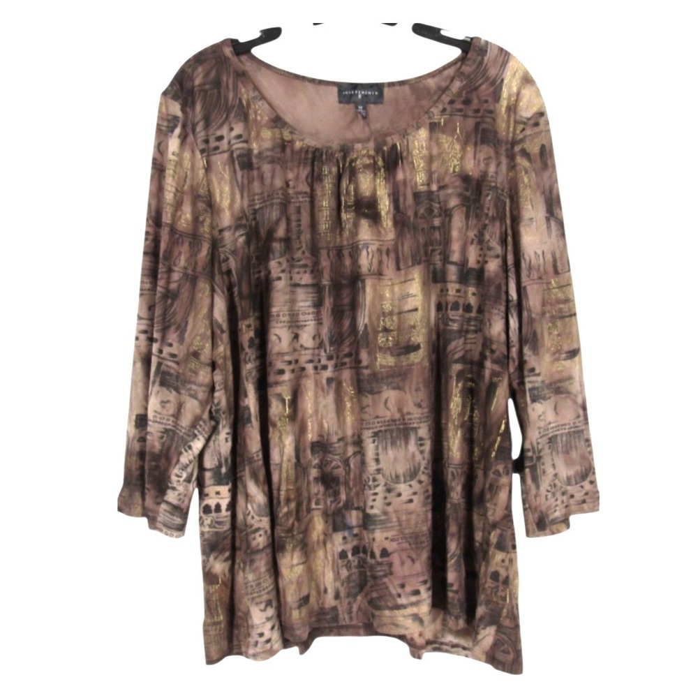 INVESTMENTS II Brown/Metallic STRETCH KNIT Abstract Print PLEATED Blouse/Top 3X